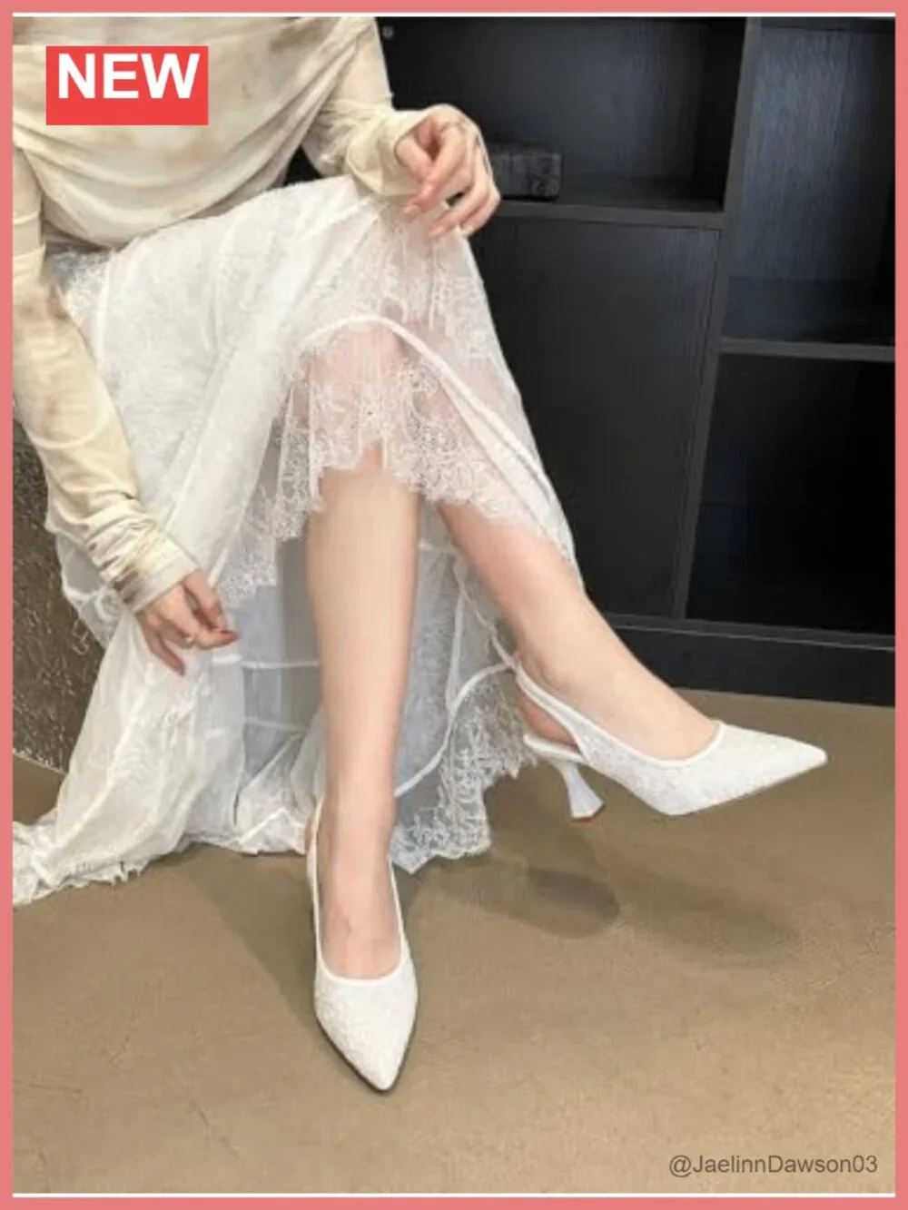 Lace Bridal Wedding Heels for Women Mesh Pointed Toe Slingback Kitten Heel